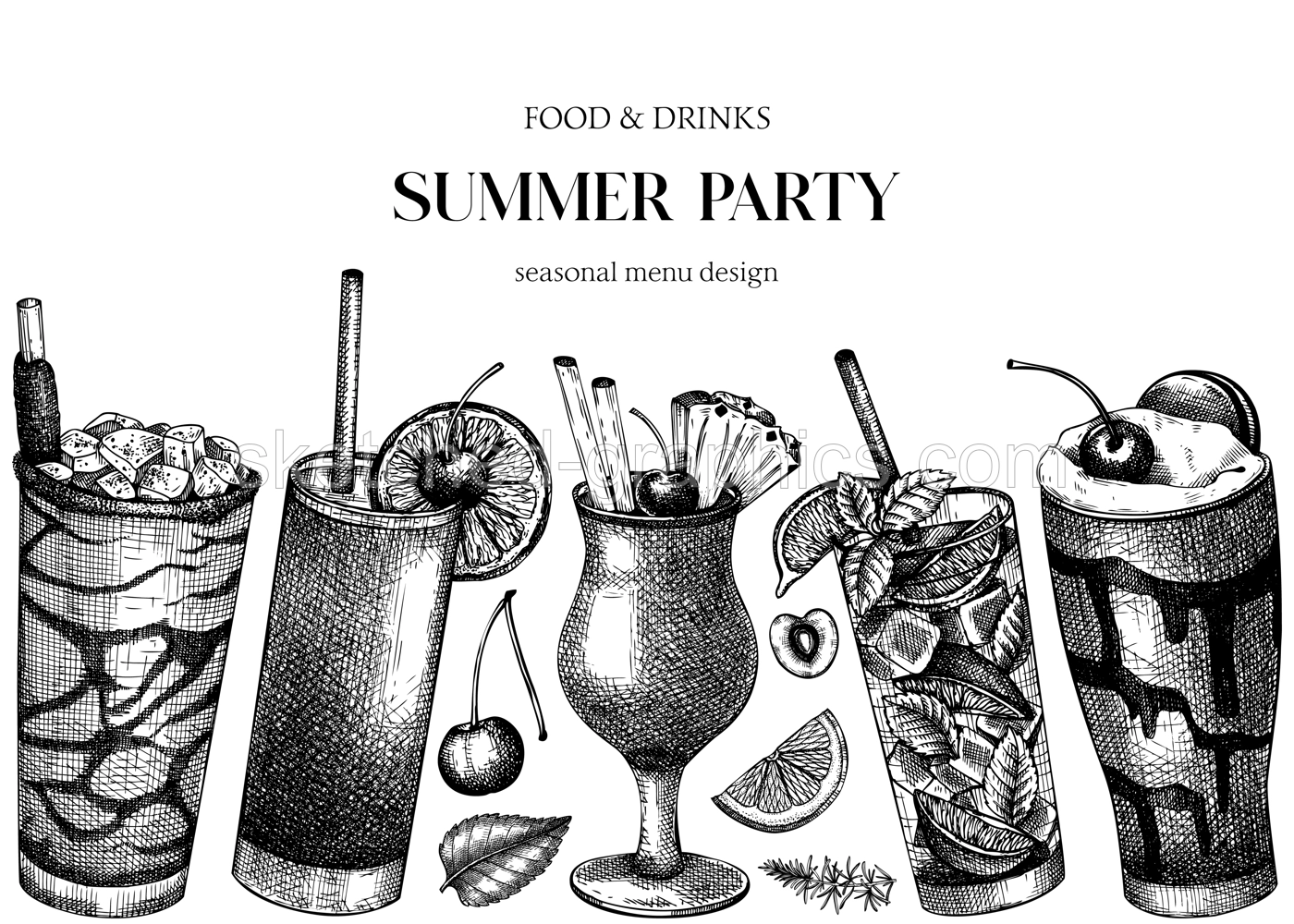 Summer party background. Non-alcoholic beverage, mocktail, cocktail sketches. Hand drawn vector illustration. Summer drinks banner. Tropical design Illustration